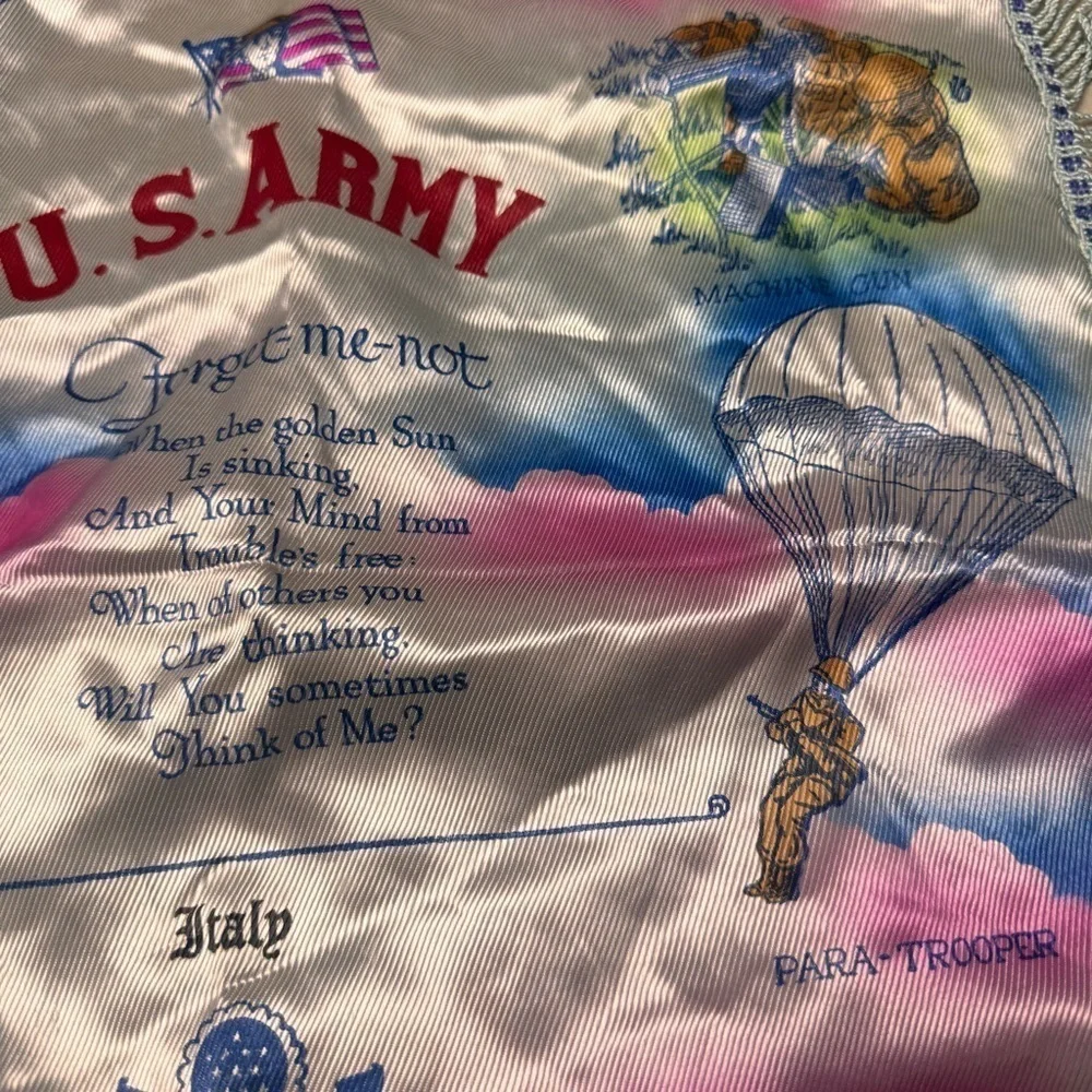 Vintage US Army satin fringe pillow case WWII souvenir pillow cases